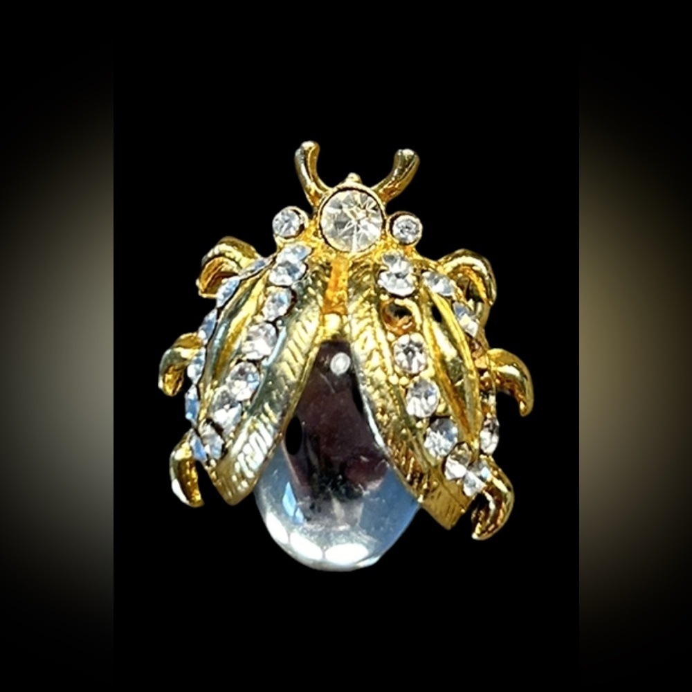 Vintage Gold Beetle With Clear Stones Brooch
